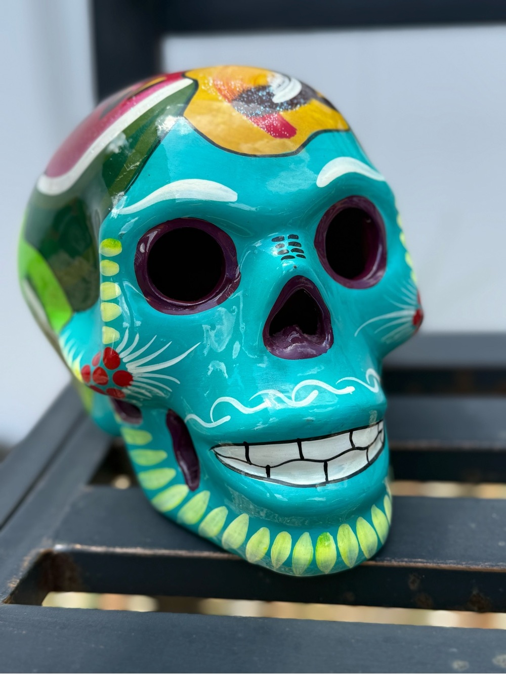 Hand Painted Mexican Day of the Dead Sugar Skull Folk Art Decor Turquoise